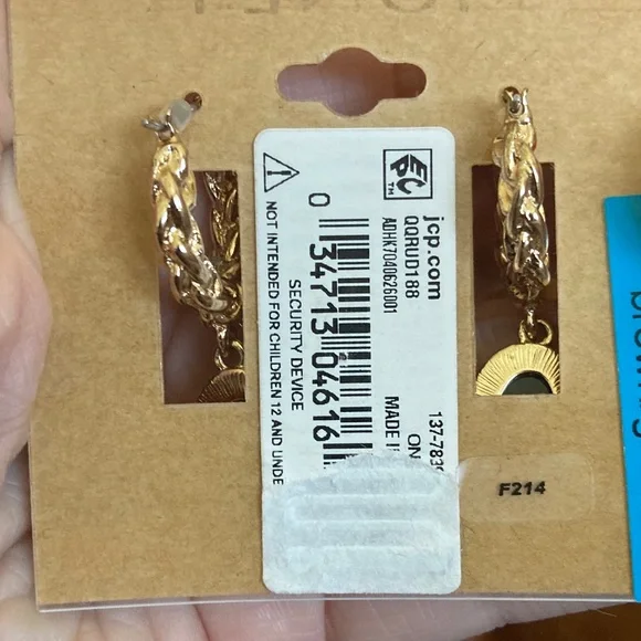 Monet Gold and Dark Stone Hoop Earrings - Picture 2 of 4